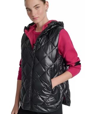 DKNY Black Quilted Hooded Vest with Pink Lining